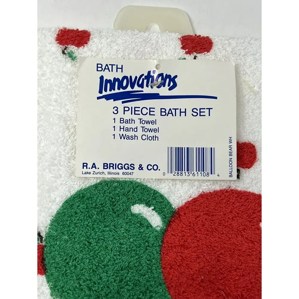 Vintage Childrens Kids Bath Towel Set Balloons Bear Apples Bathroom NWT 3pcs